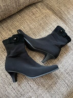 Stuart Weitzman Black Stretch Mid-Heel Ankle Booties with Velour Cuff
